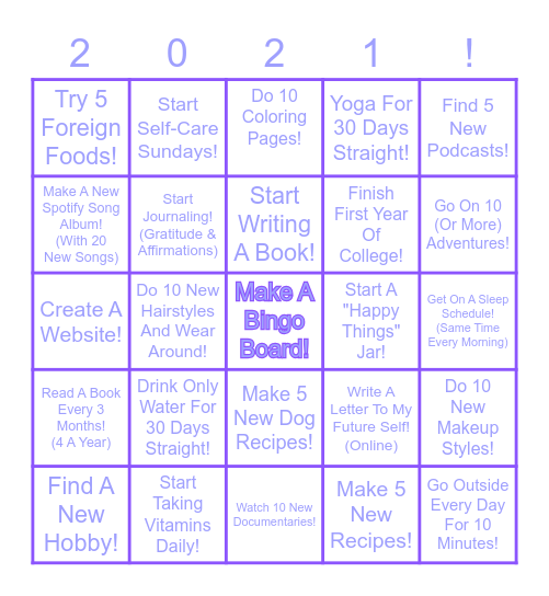 2021 Resolutions Bingo Card