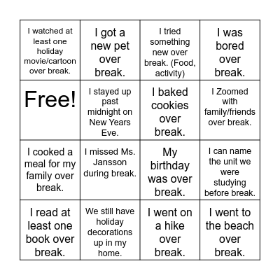 WINTER BREAK BINGO Card
