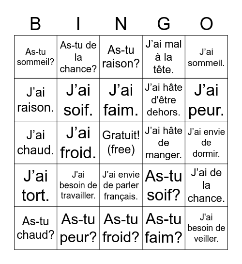 Expressions idiomatiques avec AVOIR Bingo Card