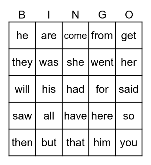 Sight Word Bingo 4 Bingo Card