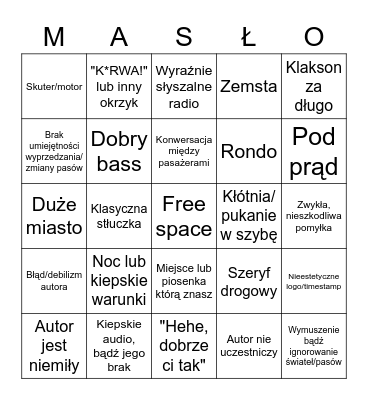 Filmy z samochodów Bingo Card