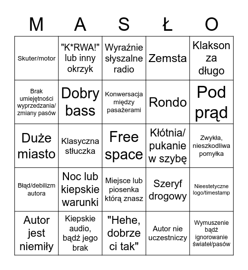 Filmy z samochodów Bingo Card