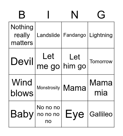 Bohemian Rhapsody Bingo Card
