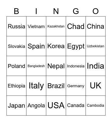 Countries Bingo Card