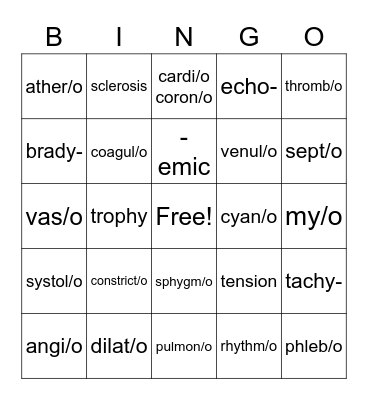 Cardiovascular Word Parts Bingo Card