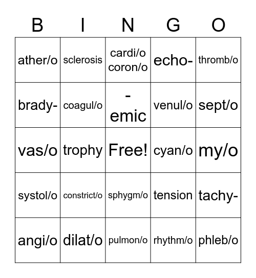 Cardiovascular Word Parts Bingo Card