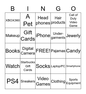 Holiday Gifts Bingo Card