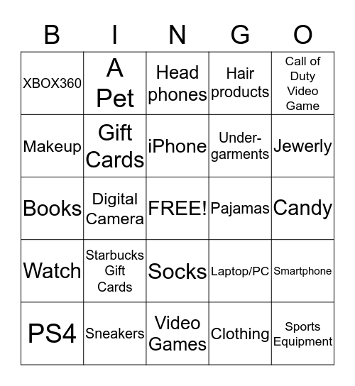 Holiday Gifts Bingo Card