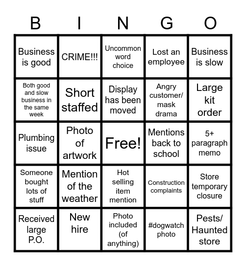 Friday Memo Bingo Card