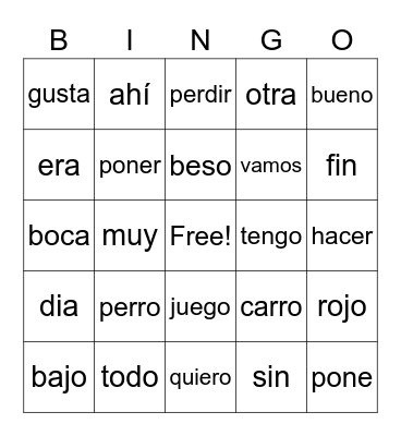 Sight words Bingo Card