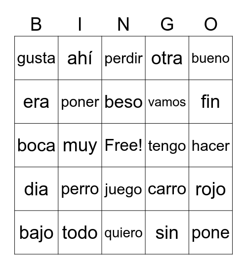 Sight words Bingo Card