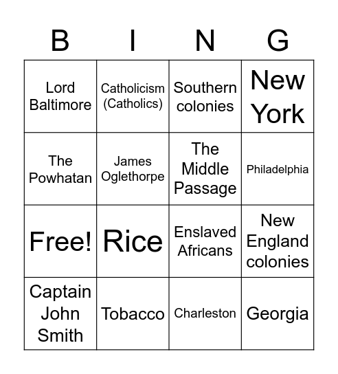 The Thirteen Colonies Bingo Card