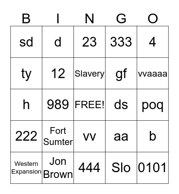 Causes of Civil War Bingo Card