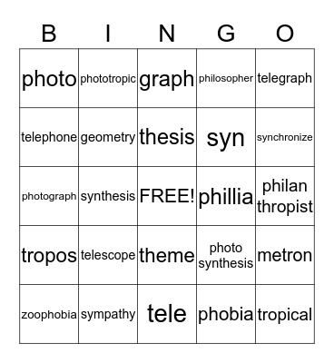 Greek Roots Bingo Card