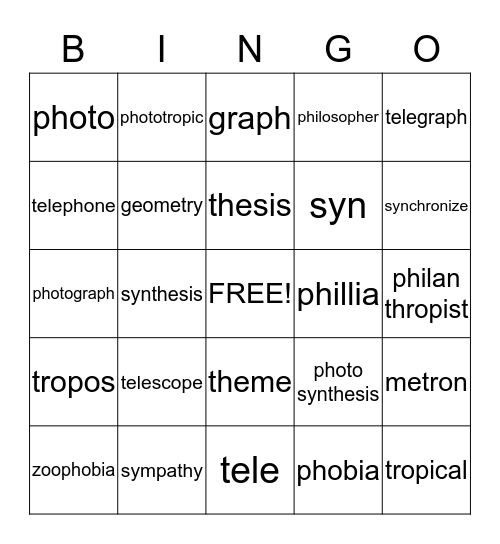 Greek Roots Bingo Card