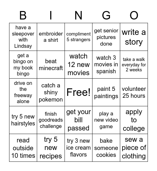 2021 Goals BINGO Card