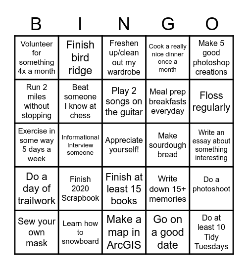 2021 Resolutions Bingo!! Bingo Card