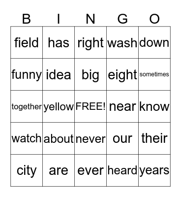 Sight Word Bingo Card