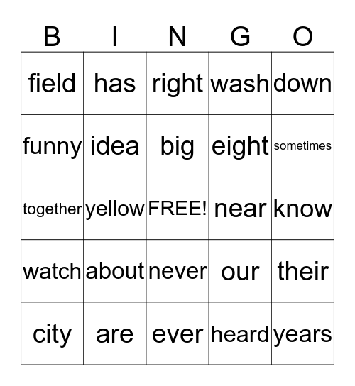 Sight Word Bingo Card