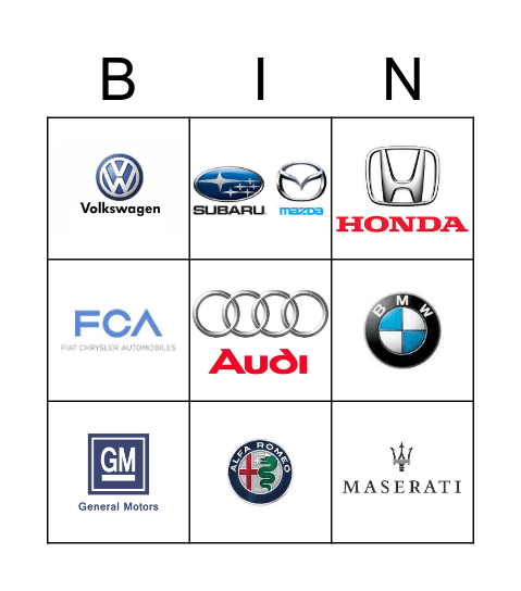 Cars Bingo Card