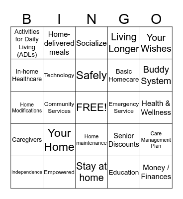 Aging in Place Bingo Card