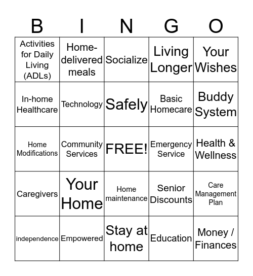 Aging in Place Bingo Card