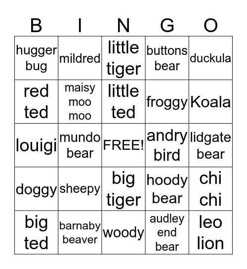 Soft toy Bingo !! Bingo Card