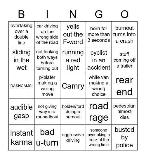 Dashcams Bingo Card