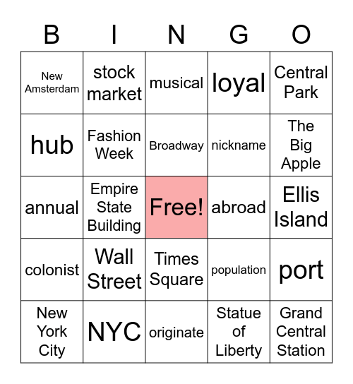 New York Bingo Card