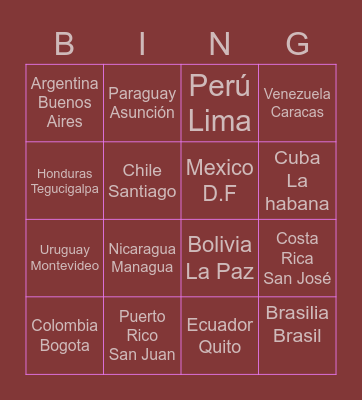 Countries and Capitals Bingo Card