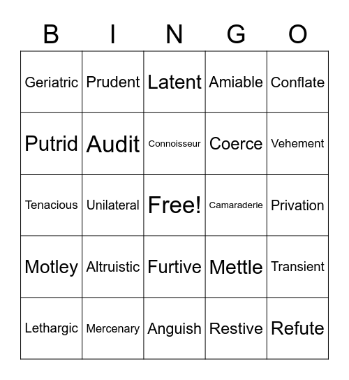 Vocabulary Review Bingo Card