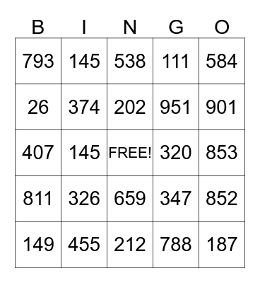 Place Value Bingo Card