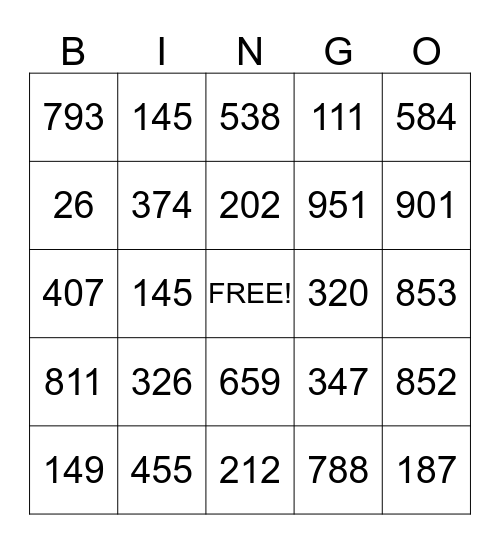 Place Value Bingo Card