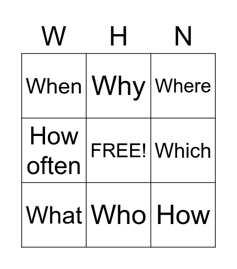 Question words Bingo Card