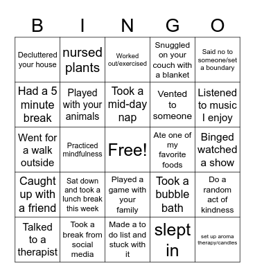 Self Care Bingo Card Bingo Card