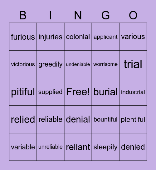y to i (advanced) Bingo Card