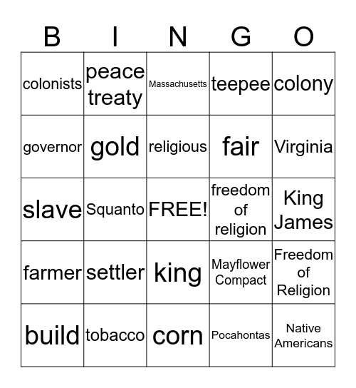 Colonies Bingo Card