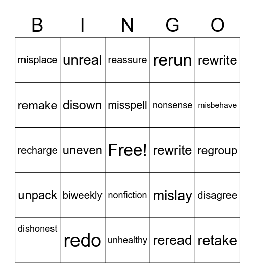 Prefixes Bingo Card