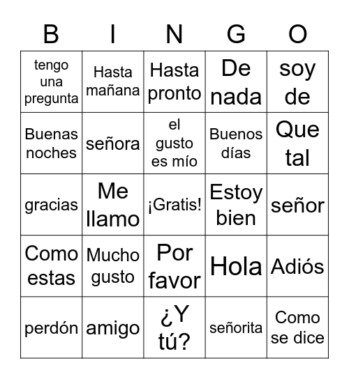 Spanish Greetings Bingo Card