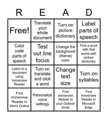 Immersive Reader Bingo Card