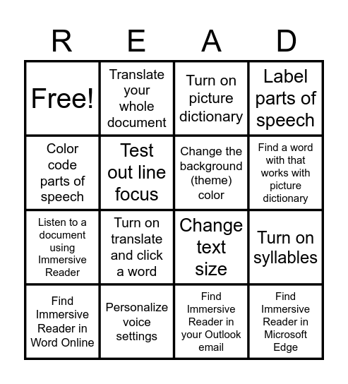 Immersive Reader Bingo Card