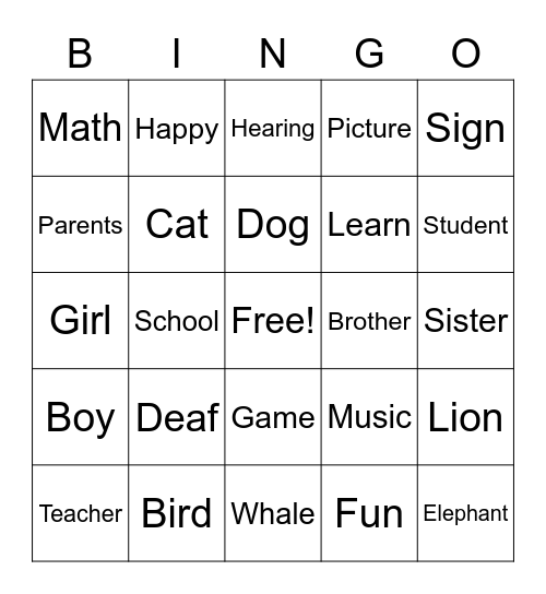 ASL Bingo: Various Signs Bingo Card