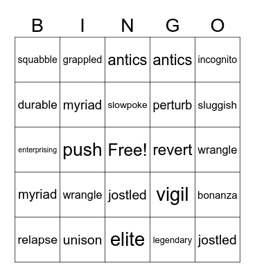 Vocabulary Words Bingo Card