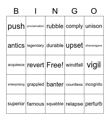 Vocabulary Bingo Card