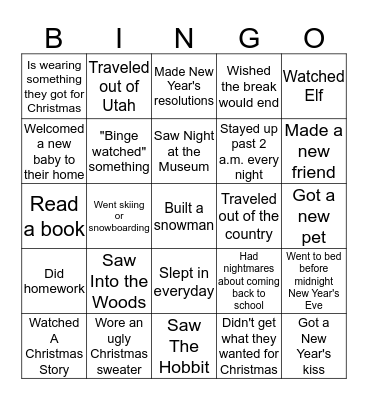 Winter Break Bingo Card