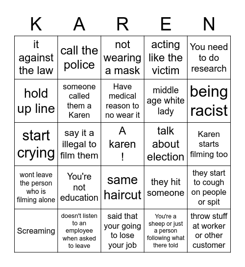 Karen 2020 Bingo Card