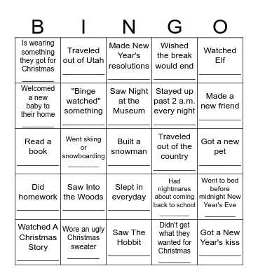 Winter Break  Bingo Card