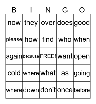 sight words Bingo Card