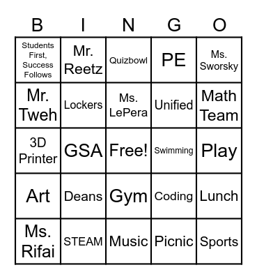 Parent Information Night Bingo Card