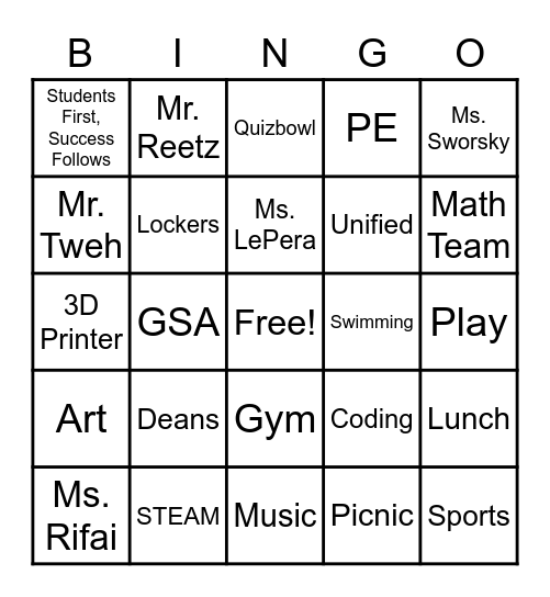 Edgewood Parent Information Night Bingo Card